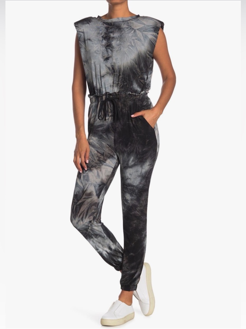 ONE ONE SIX Tie Dye Jumpsuit Size Medium Black Gray Shoulder Pad Jogger